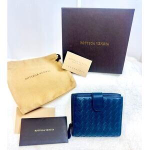 Bottega Veneta Blue Intrecciato Leather Compact Wallet w/ Box & Dust Bag